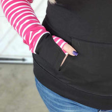 Load image into Gallery viewer, Designed for a Fit and Flattering look. Pull over Black and Fuchsia Hoodie ?id=15508470399060