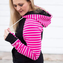 Load image into Gallery viewer, Roxy Black and Fuchsia Pull over Lined Hood Hoodie ?id=15508470235220