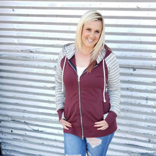 Load image into Gallery viewer, Varsity Hoodie Full Zip Burgundy and Grey Stripe  ?id=15508691026004